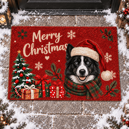 Personalized Christmas Doormat with Custom Pet Photo, Festive Santa Hat & Scarf Design, Unique Holiday Gift for Pet Lovers