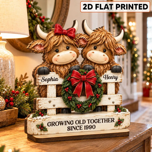 Personalized 2-Layer Wooden Plaque, Highland Cow Couple by a Christmas Fence, Unique Gift for Couples