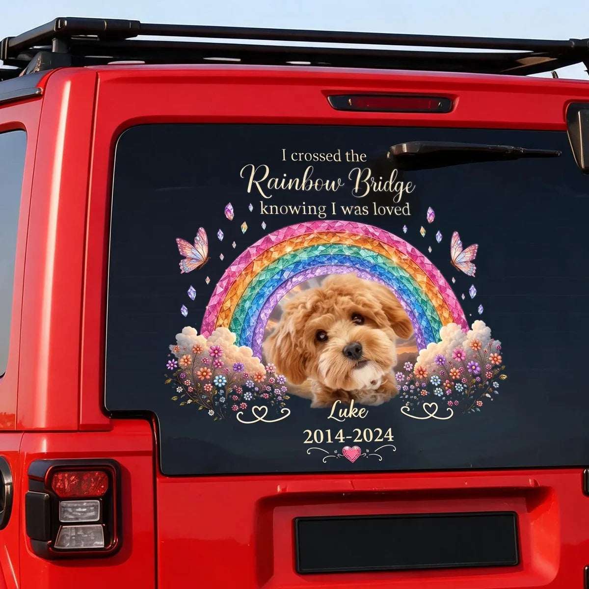 Personalized Sticker Decal, Dog Portrait Beneath a Rainbow, Unique Creative Pet Memorial Gift for Dog Owners