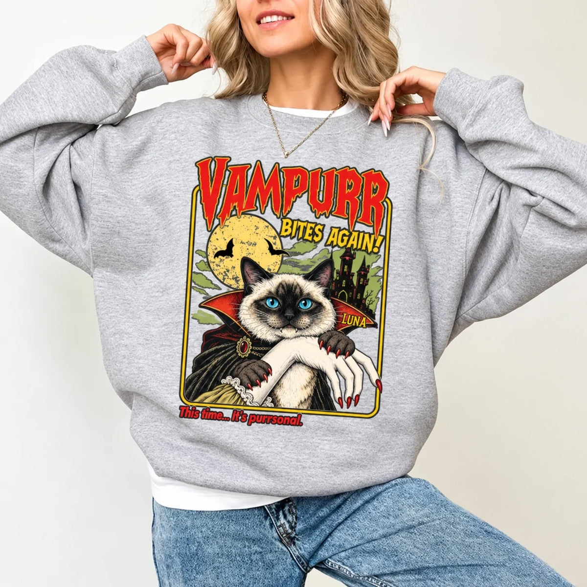 Personalized Vampire Cat Haunted Castle Sweatshirt