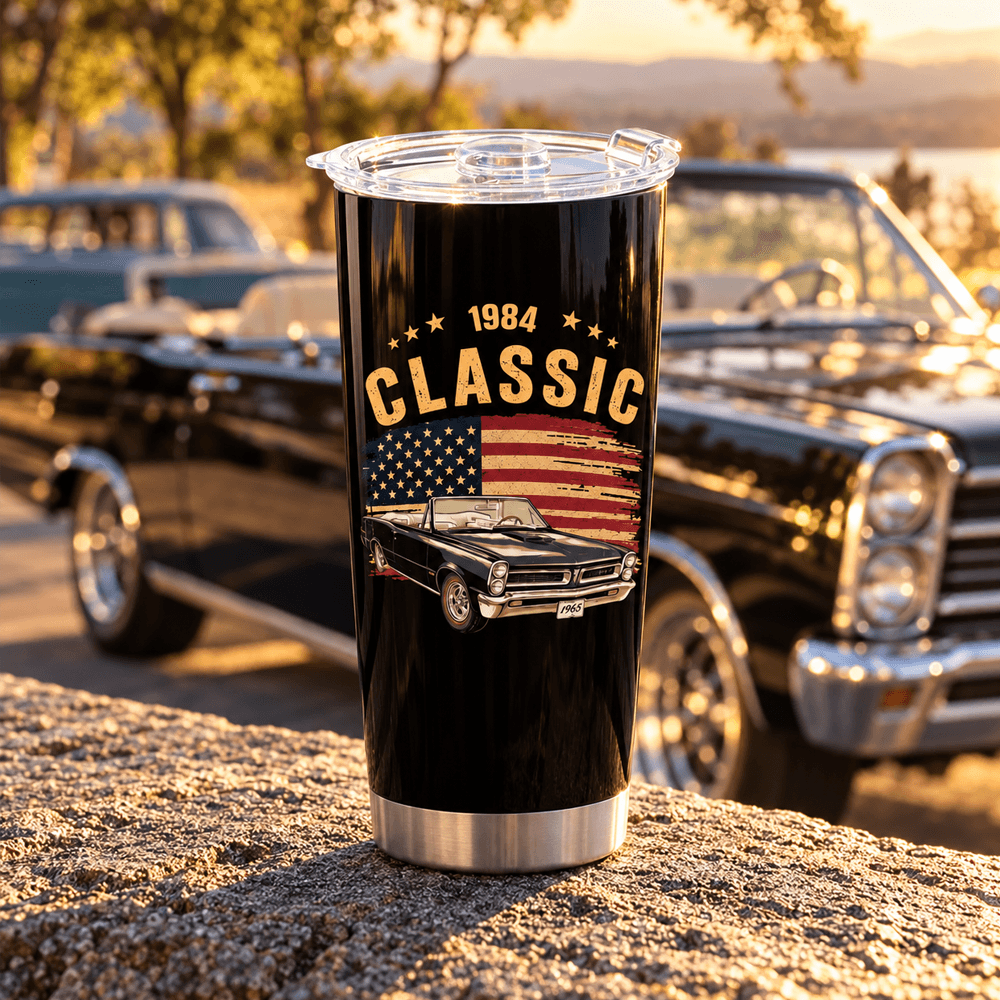 Personalized Insulated Travel Tumbler, Vintage Car and American Flag Design, Unique Gift for Car Enthusiasts
