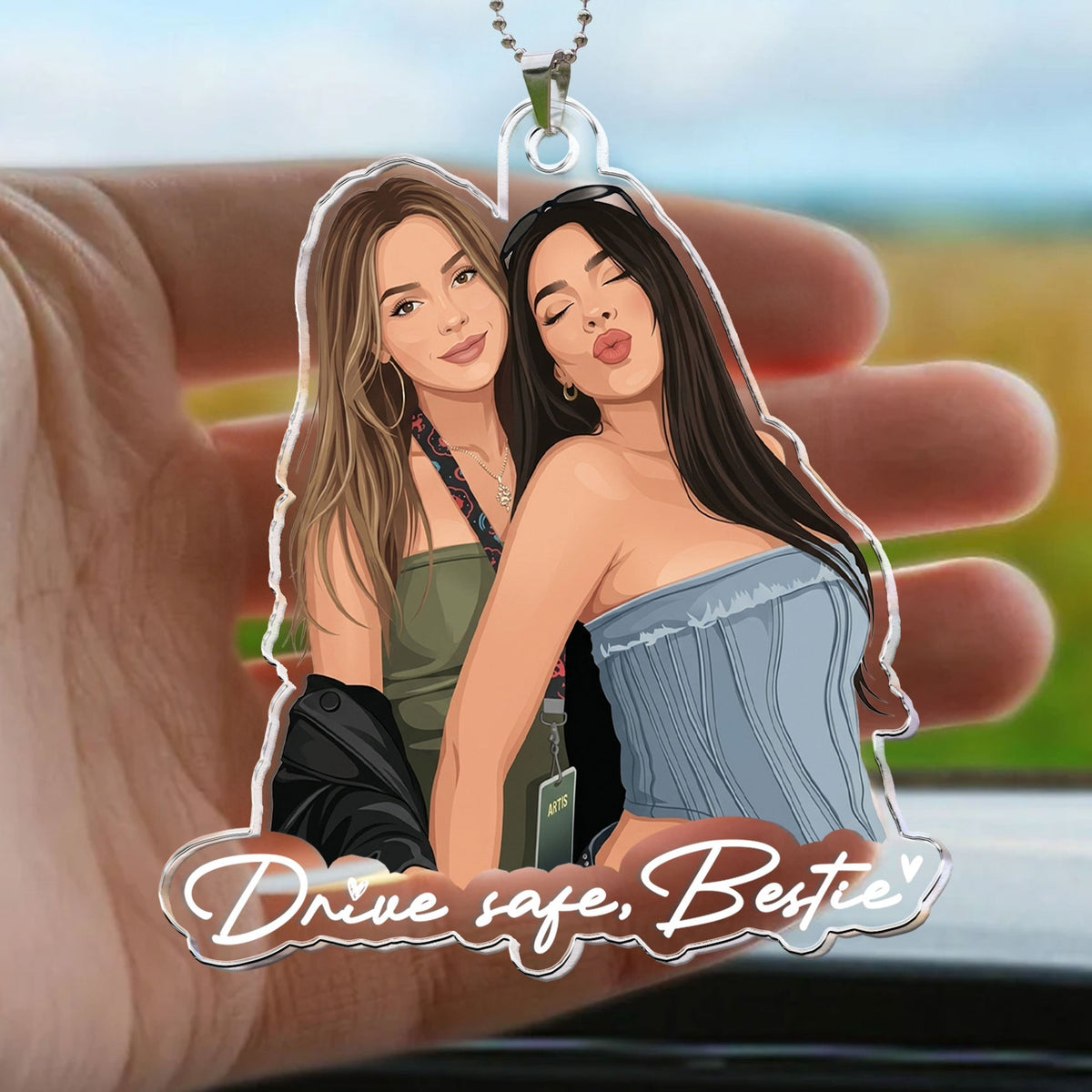 Personalized Acrylic Car Hanger, Besties Forever Photo Art with Drinks, Creative Gift for a Best Friend