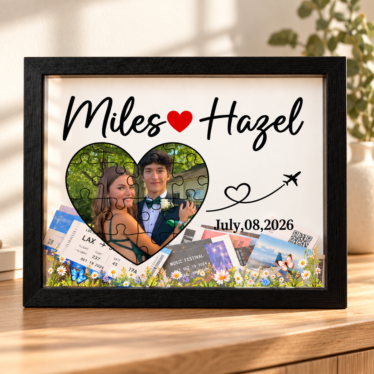 Personalized Couple Photo Ticket Memory Box – Custom Names & Date Anniversary Keepsake Frame