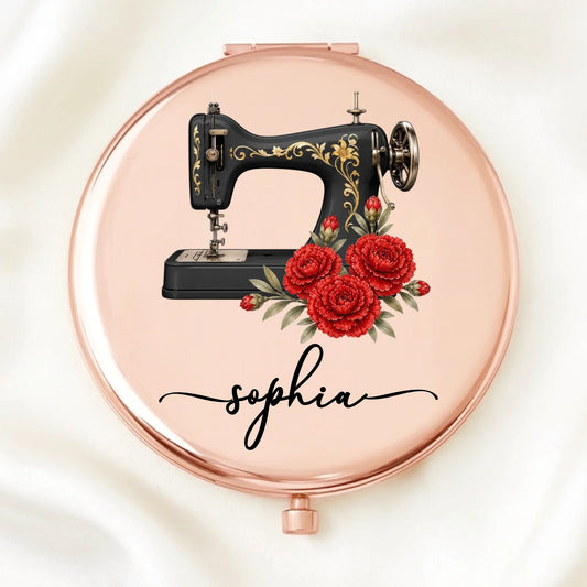 Personalized Sewing Machine Floral Name Pocket Compact Mirror