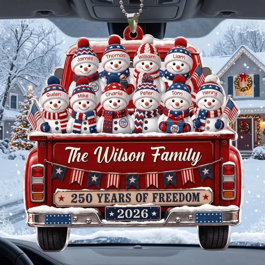 Personalized Snowman Family Red Truck Acrylic Car Hanger
