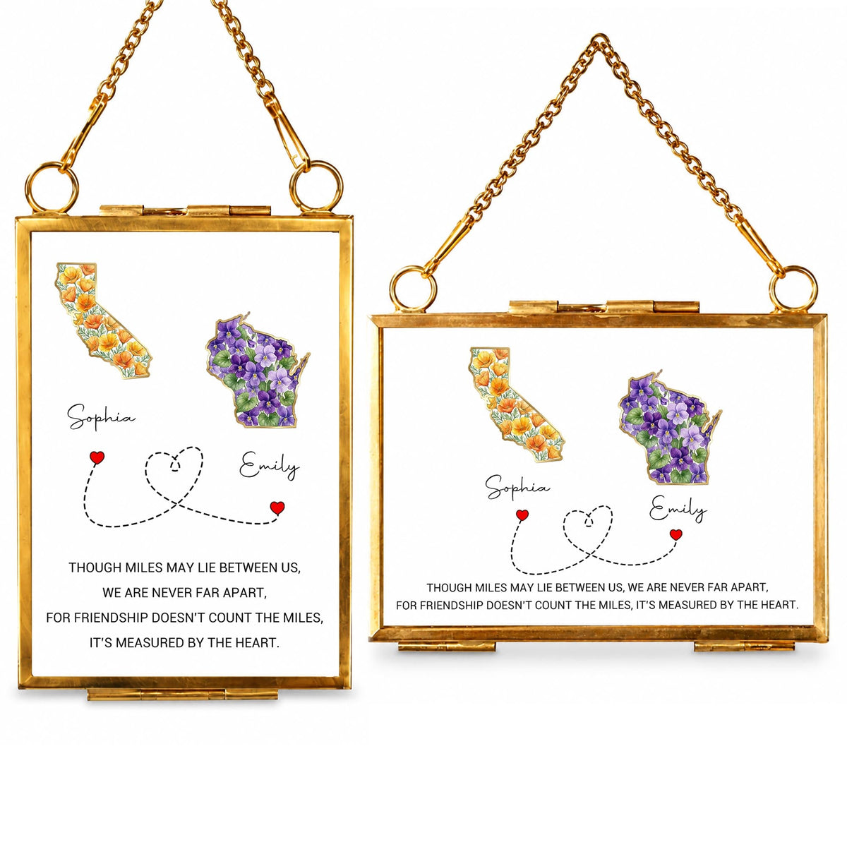 Though Miles May Lie Between Us, Floral State Maps Long Distance Friendship - Personalized Metal Frame Ornament - BST748_GOFRO
