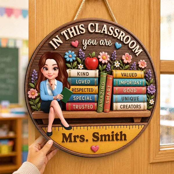 Personalized Teacher And Books Classroom Wooden Sign