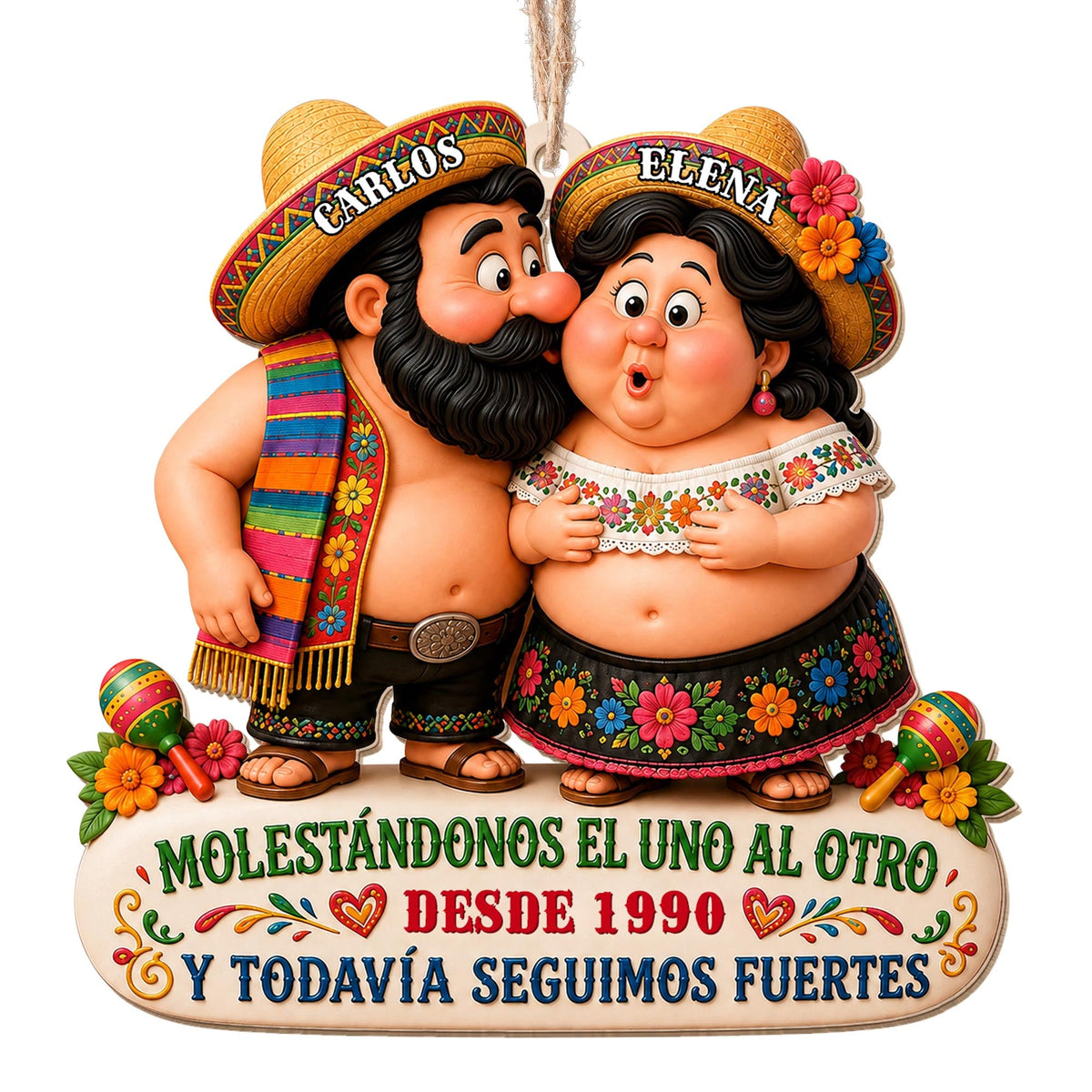 Personalized Hispanic Couple Sombreros Maracas Wood Ornament