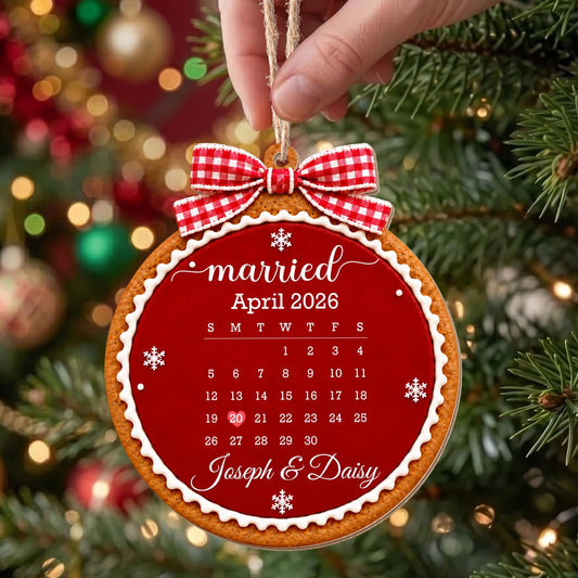 Married Custom Calendar Gingerbread With Red Bow And Snowflakes - Personalized Custom Wood Ornament, Custom Shaped - CPL2232_WDO
