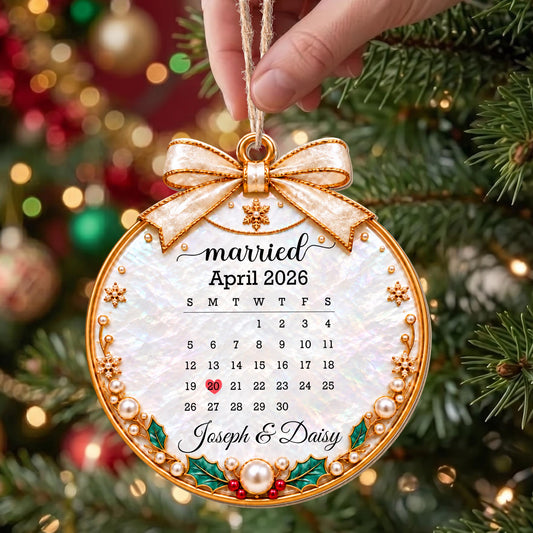 Married Custom Calendar Ornament With Ribbon And Pearls - Personalized Custom Wood Ornament, Custom Shaped - CPL2233_WDO