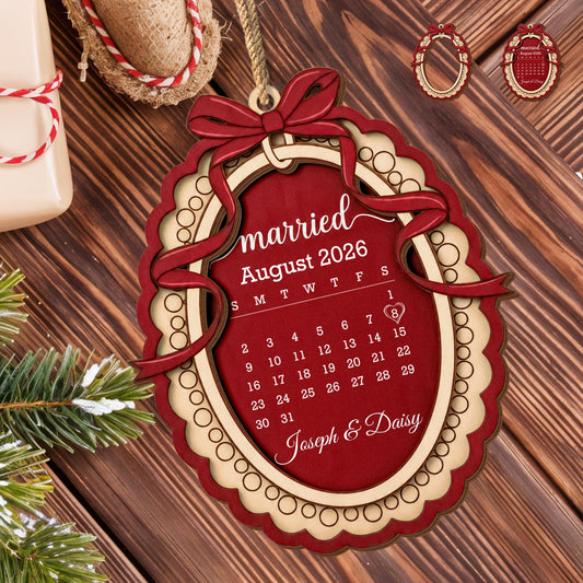 Married Custom Calendar With Bow and Heart Ribbon Frame - Personalized Double Layer Wood Ornament - CPL2254_DWO
