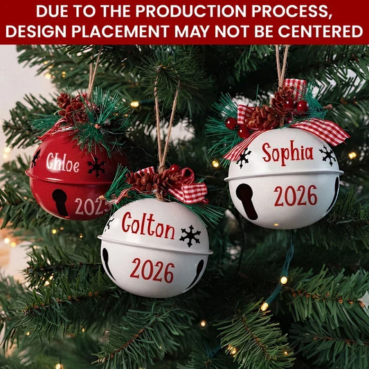 Personalized Jingle Bell Ornament, Red and White Hanging Christmas Tree Decor, Unique Gift for Couples