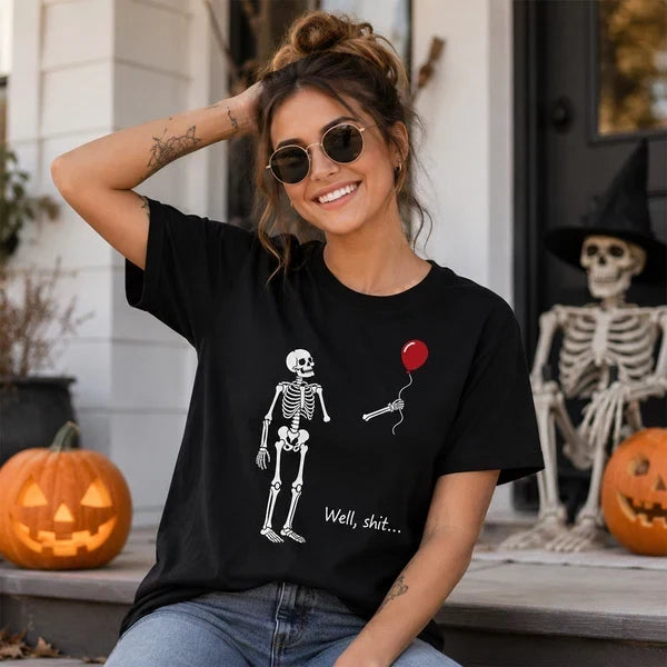Personalized Funny Skeleton Classic Tee, Red Balloon Halloween Shirt, Unique Gift for Friends