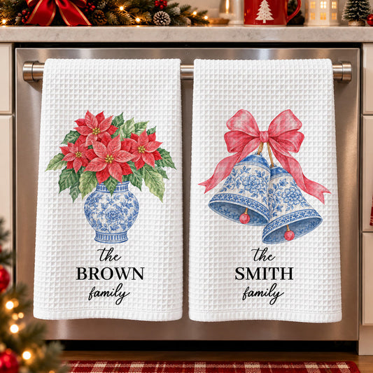 Chinoiserie Christmas Tree Tea Towel, Hostess Gift, Kitchen Holiday Decor - Personalized Kitchen Towel