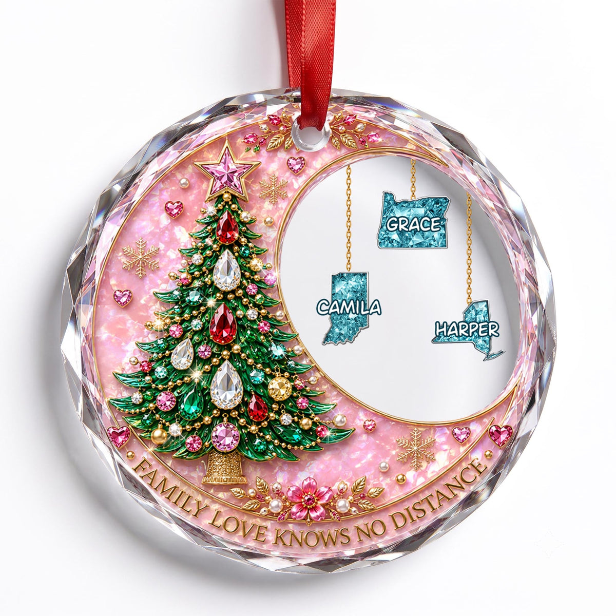 Family Love Knows No Distance With Christmas Tree And Custom States - Personalized Custom Circle Glass Ornament - FAM1187_CGOR