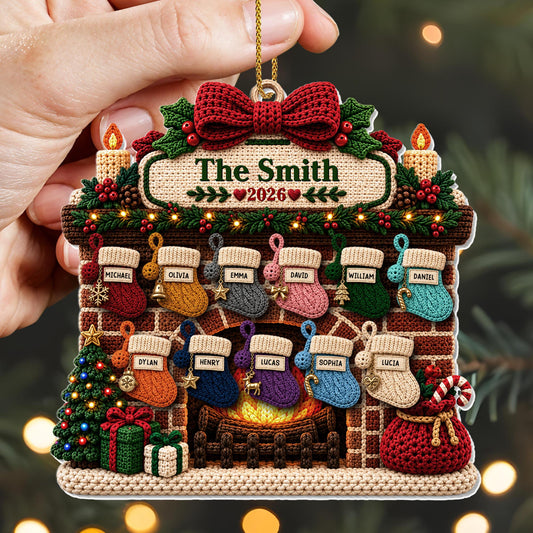 The Family Fireplace With Christmas Stockings And Tree - Personalized Custom Acrylic Ornament, Christmas Gift - FAM1199_ACO