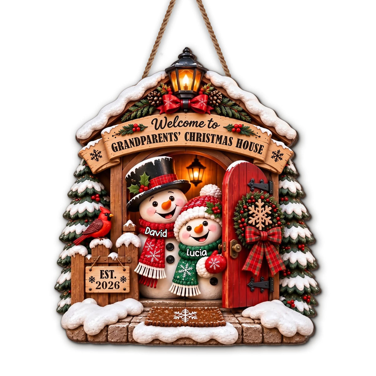 Personalized Snowman And Cardinal Grandparents Wood Sign