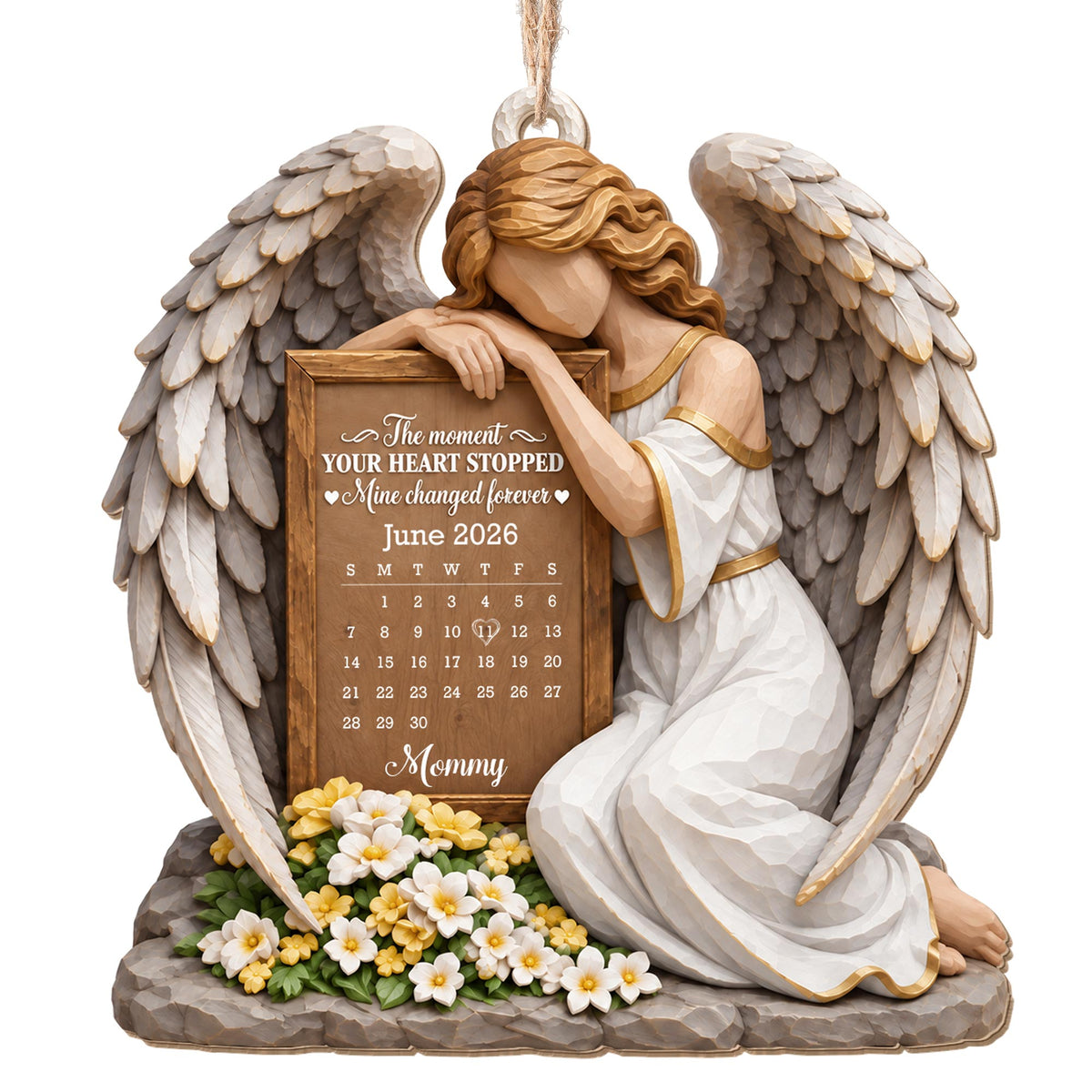 Personalized Angel Calendar Memorial Flowers Wood Ornament