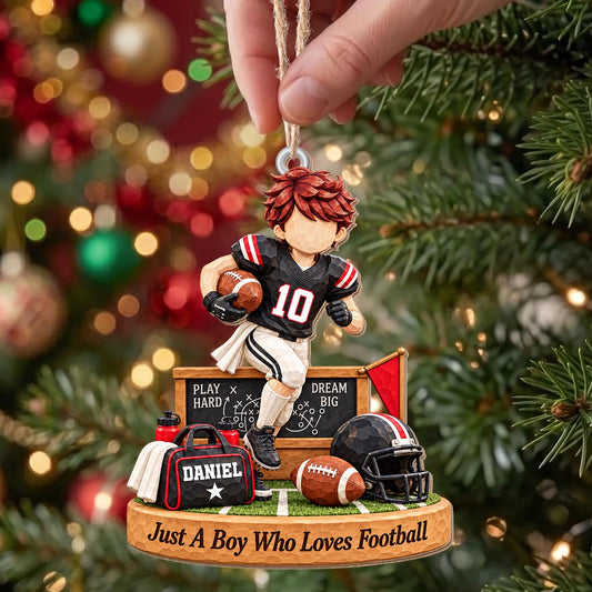 Personalized Boy Who Loves Football Helmet Wood Ornament