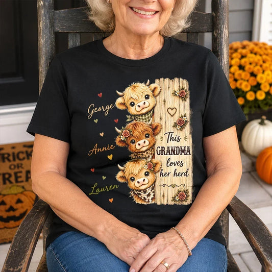 Custom Grandma Sweatshirt with Highland Cow Herd T-Shirt