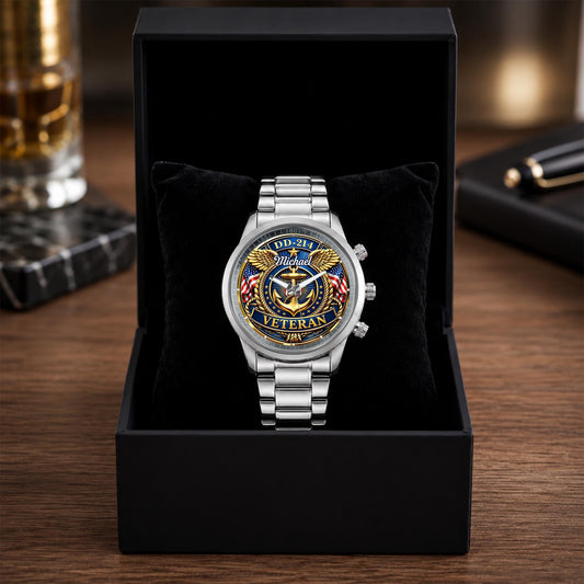 DD-214 Veteran US Navy Anchor And Wings Design - Personalized Custom Men's Watch - VTR025_CUMWA