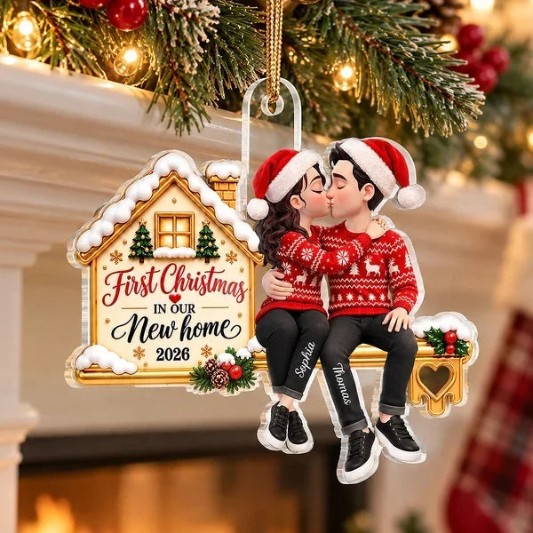 First Christmas Acrylic Ornament, Personalized Kissing Couple at Their New Home, Creative Romantic Gift