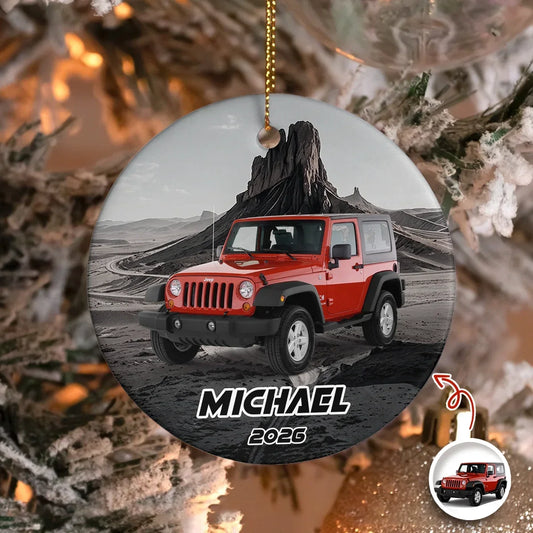 Personalized Red Off-Road Car Desert Road Ceramic Ornament