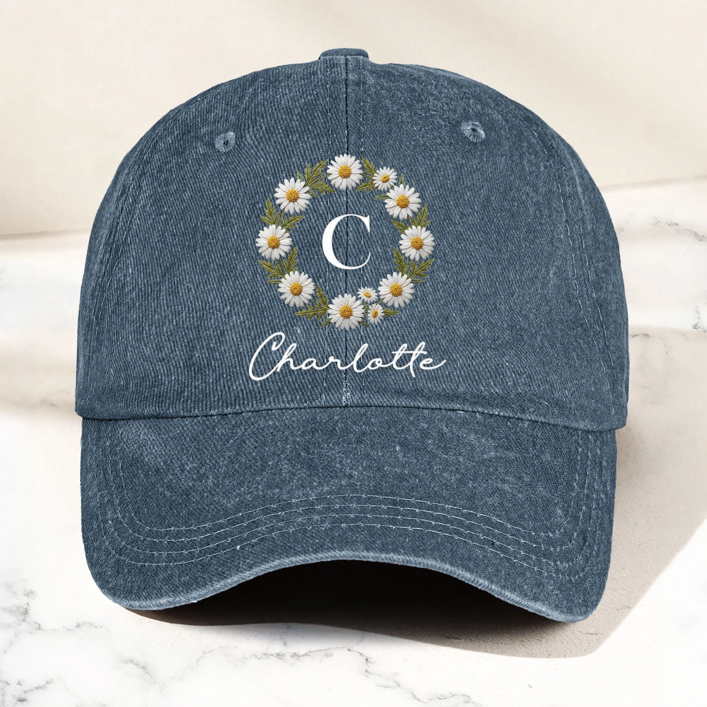 Personalized Birth Flower Wreath Denim Baseball Cap