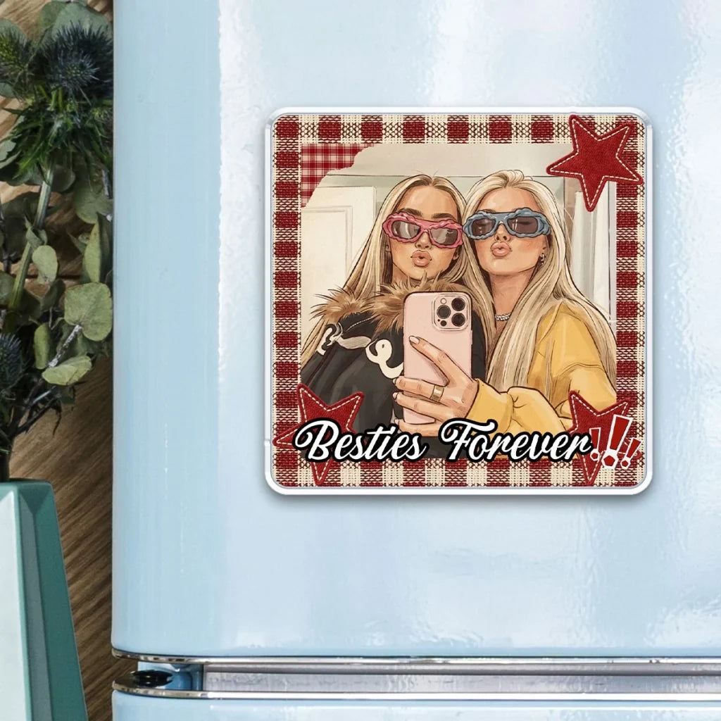 Personalized Acrylic Fridge Magnet, Colorful Plaid Selfie Portrait, Unique Creative Gift for a Close Friend