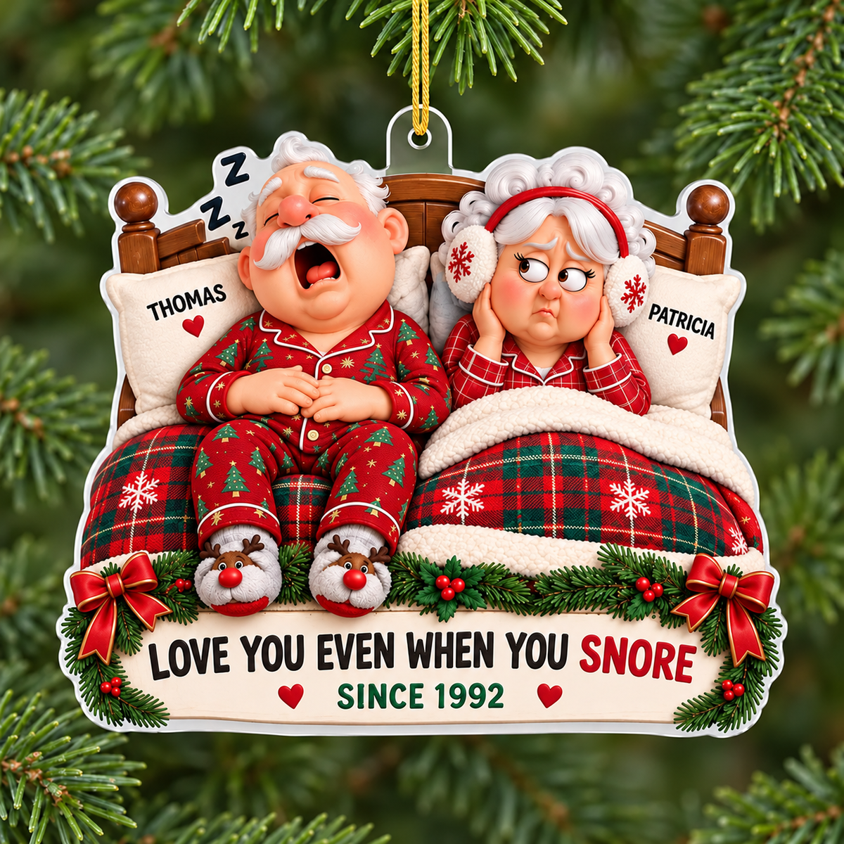 Love You Even When You Snore Acrylic Ornament, Personalized Festive Couple Scene, Creative Gift for Couples