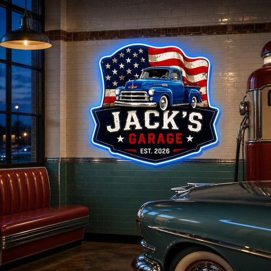 Personalized Vintage Truck American Flag Garage Metal Sign