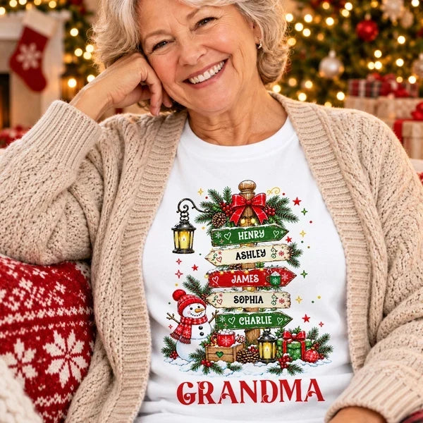 Personalized Grandma Classic Tee, Christmas Signpost Art in Festive Red & Green, Unique Gift for Grandma