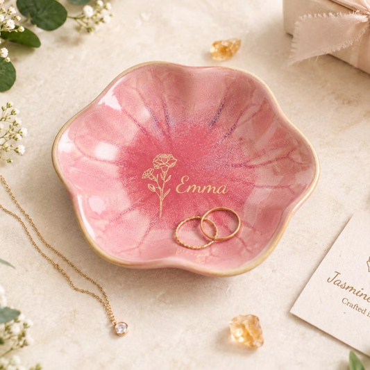 Personalized Birth Flower Name Ceramic Ring Dish Trinket Tray
