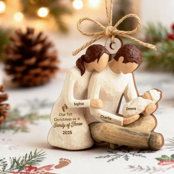 Personalized Wooden Ornament, New Parents Cradling Baby, Christmas Tree Decor and Unique Family Gift