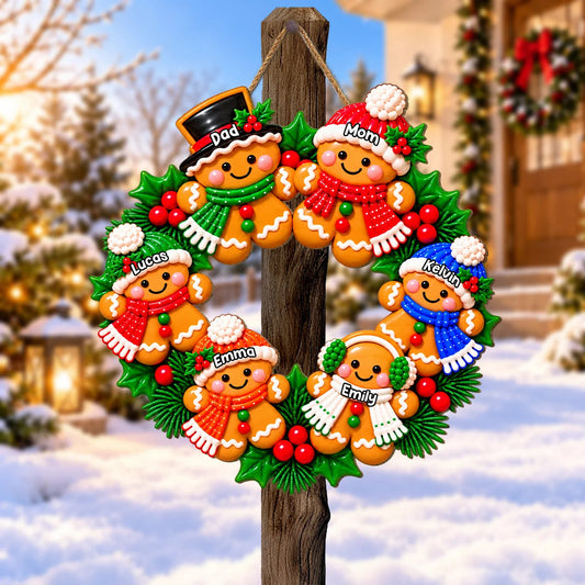 Custom Gingerbread Family Wreath Wood Sign - Personalized Christmas Gift for Grandparents