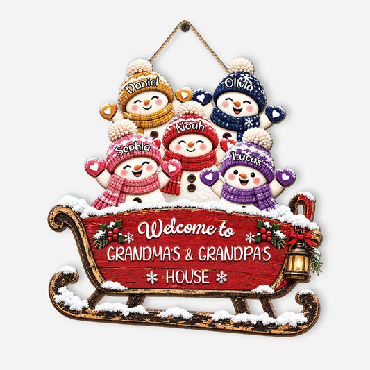 Personalized Snowman Sleigh Welcome Door Wood Sign
