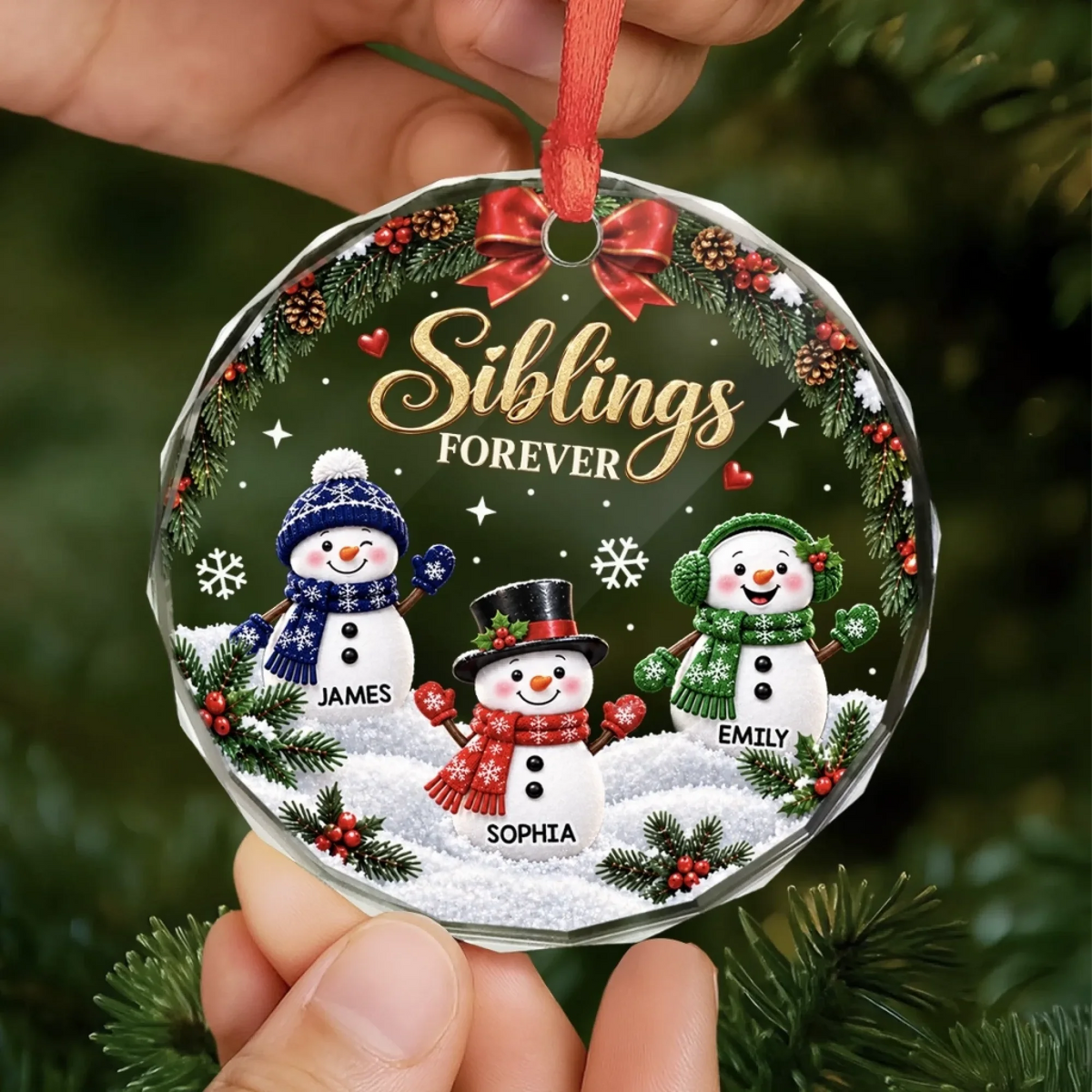 Siblings Forever Personalized Glass Ornament - Custom Snowman Christmas Gift for Brother Sister