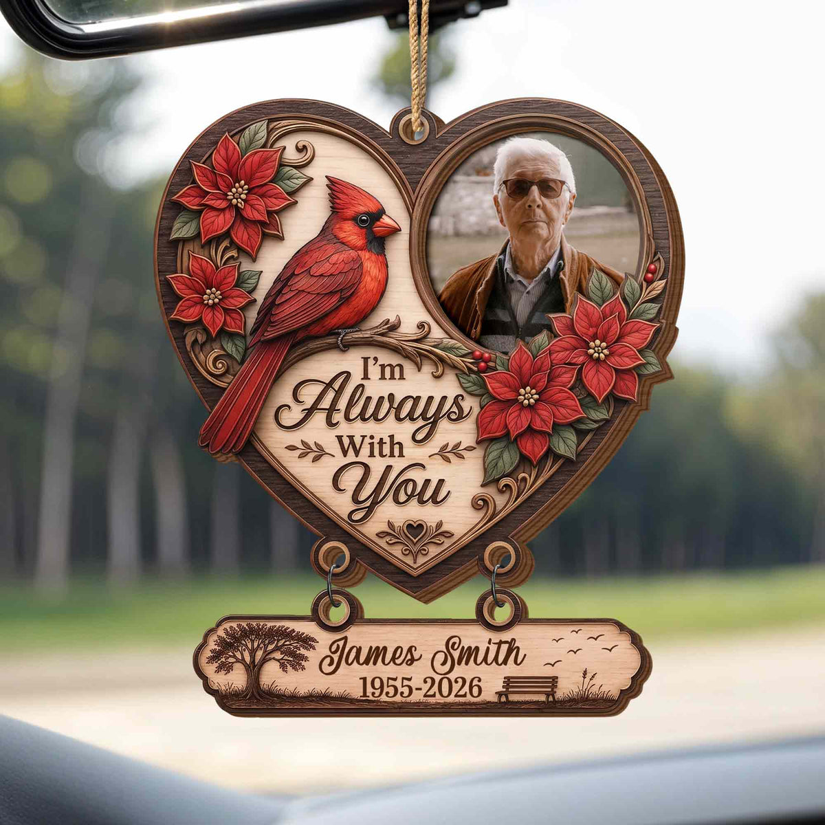 Personalized Cardinal Memorial Photo Heart Wooden Tree Ornament