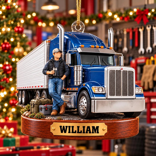 Custom Name Semi Truck Personalized Truck Driver Christmas Ornament - Holiday Gift for Dad & Husband