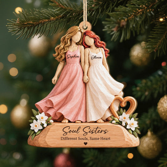Soul Sisters Different Souls Same Heart - Personalized Wooden Ornament for Best Friends Christmas Gift