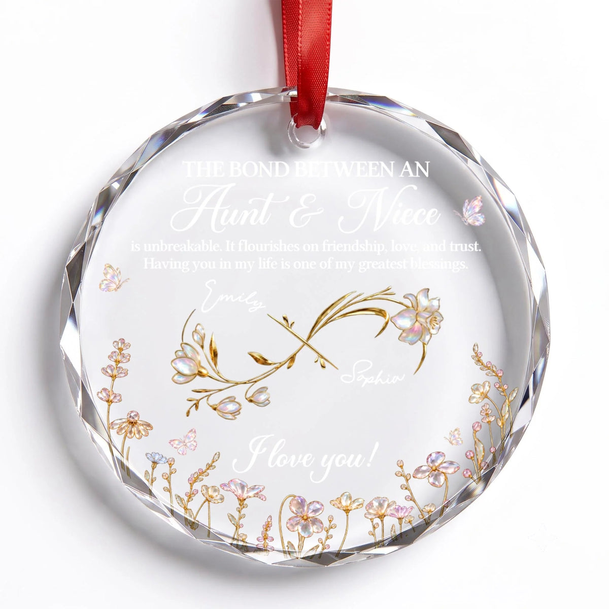 The Bond Between Aunt and Niece Personalized Circle Glass Ornament - Custom Floral Keepsake Christmas Gift