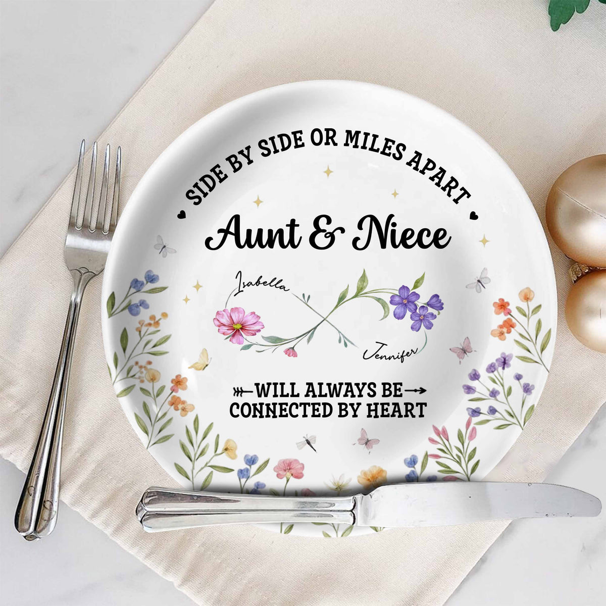 "Side By Side Or Miles Apart" Personalized Ceramic Plate - Keepsake for Aunt and Niece