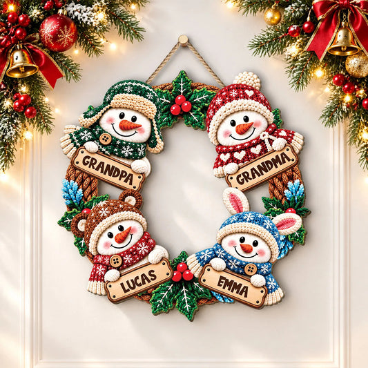 Snowman Family Personalized Wood Sign - Custom Wreath Door Hanger for Grandma Grandpa