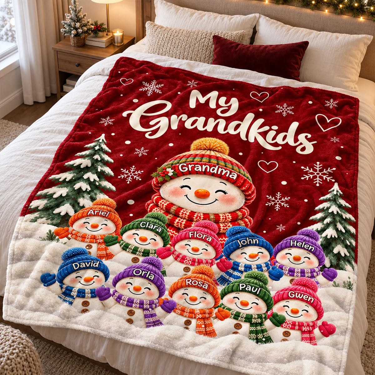 My Grandkids Personalized Snowman Blanket with Names - Custom Grandma Christmas Gift Throw