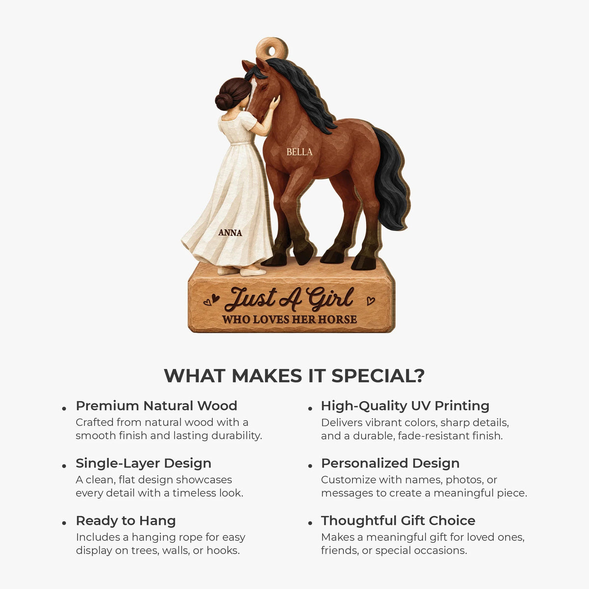 Personalized Girl Loves Her Horse Wooden Ornament