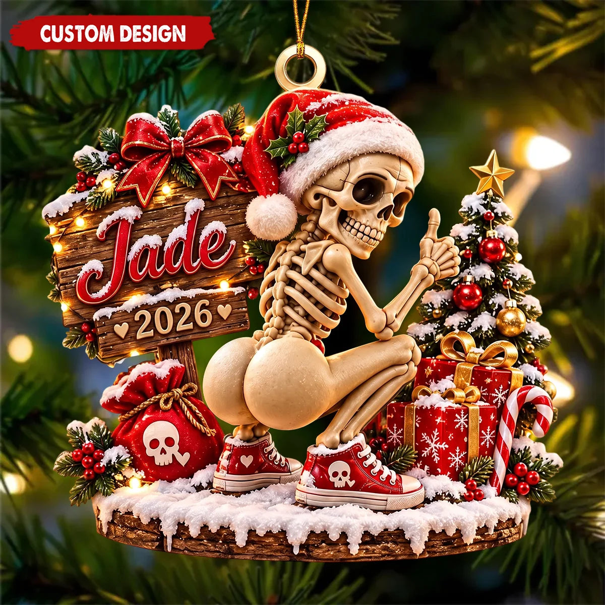 Funny Gym Squat Skeleton Personalized Wooden Ornament - Gothic Christmas Tree Decor for Best Friends