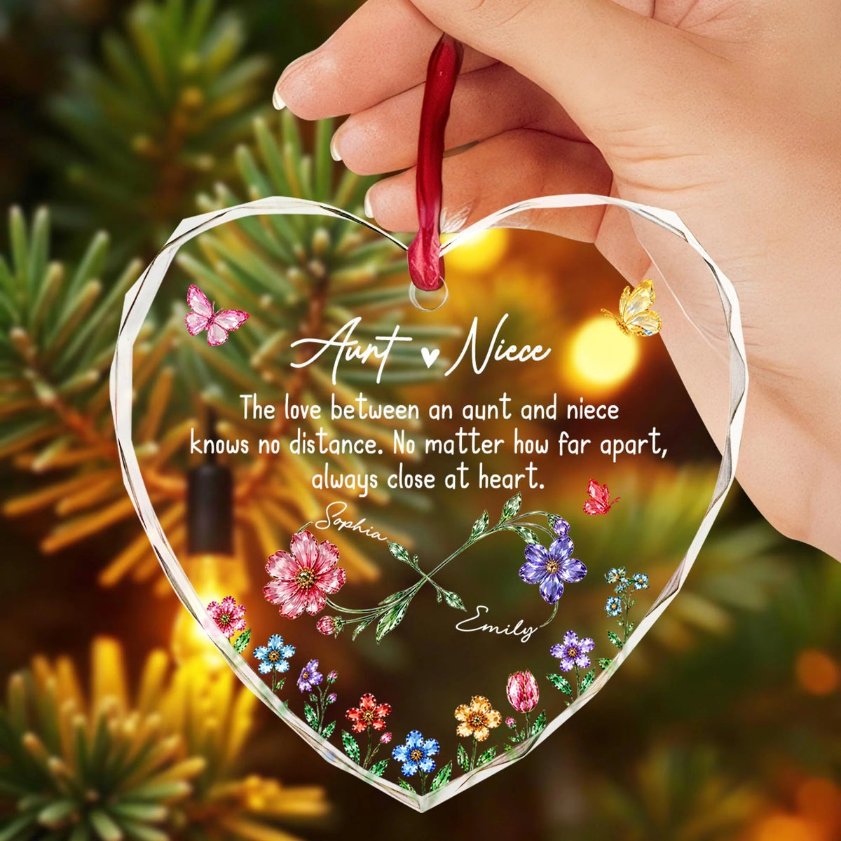 "The Love Between An Aunt And Niece Knows No Distance" Personalized Heart Glass Ornament - Long Distance Keepsake Gift