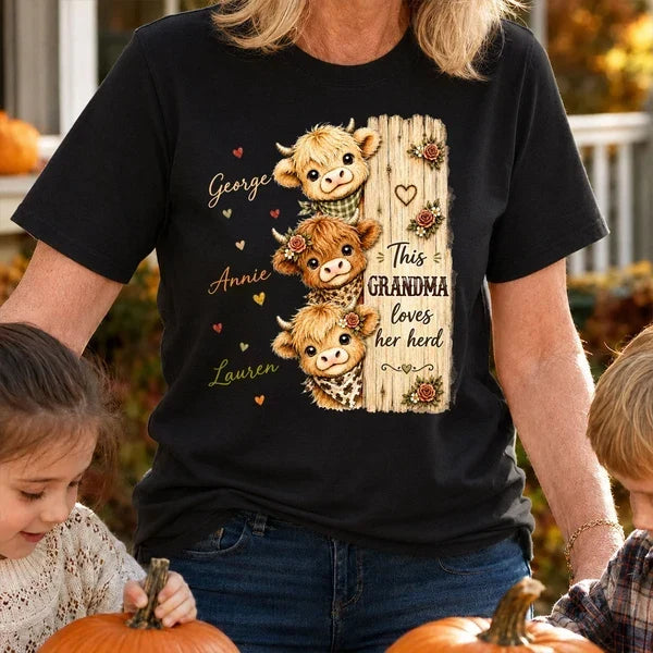 Custom Grandma Sweatshirt with Highland Cow Herd T-Shirt