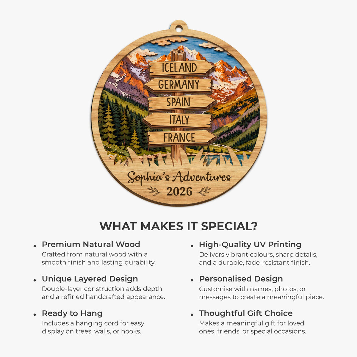Personalised Gifts for Travel Lovers - Travel Adventure Wood Ornament