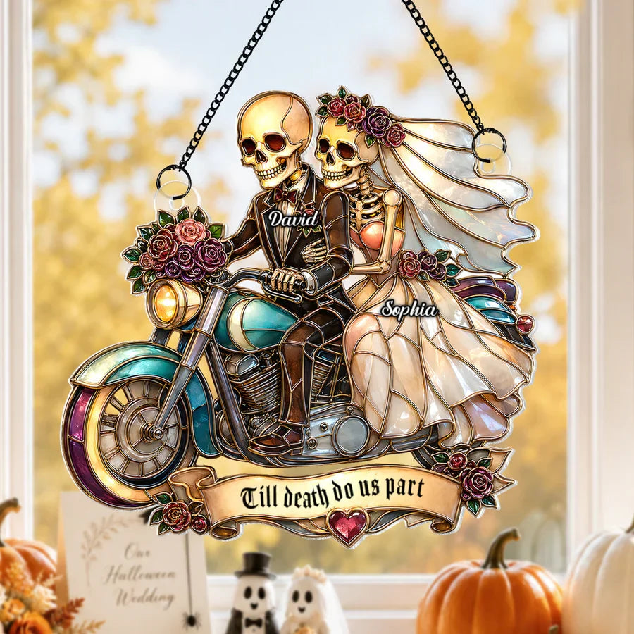 Personalized Skeleton Newlyweds Motorcycle Suncatcher